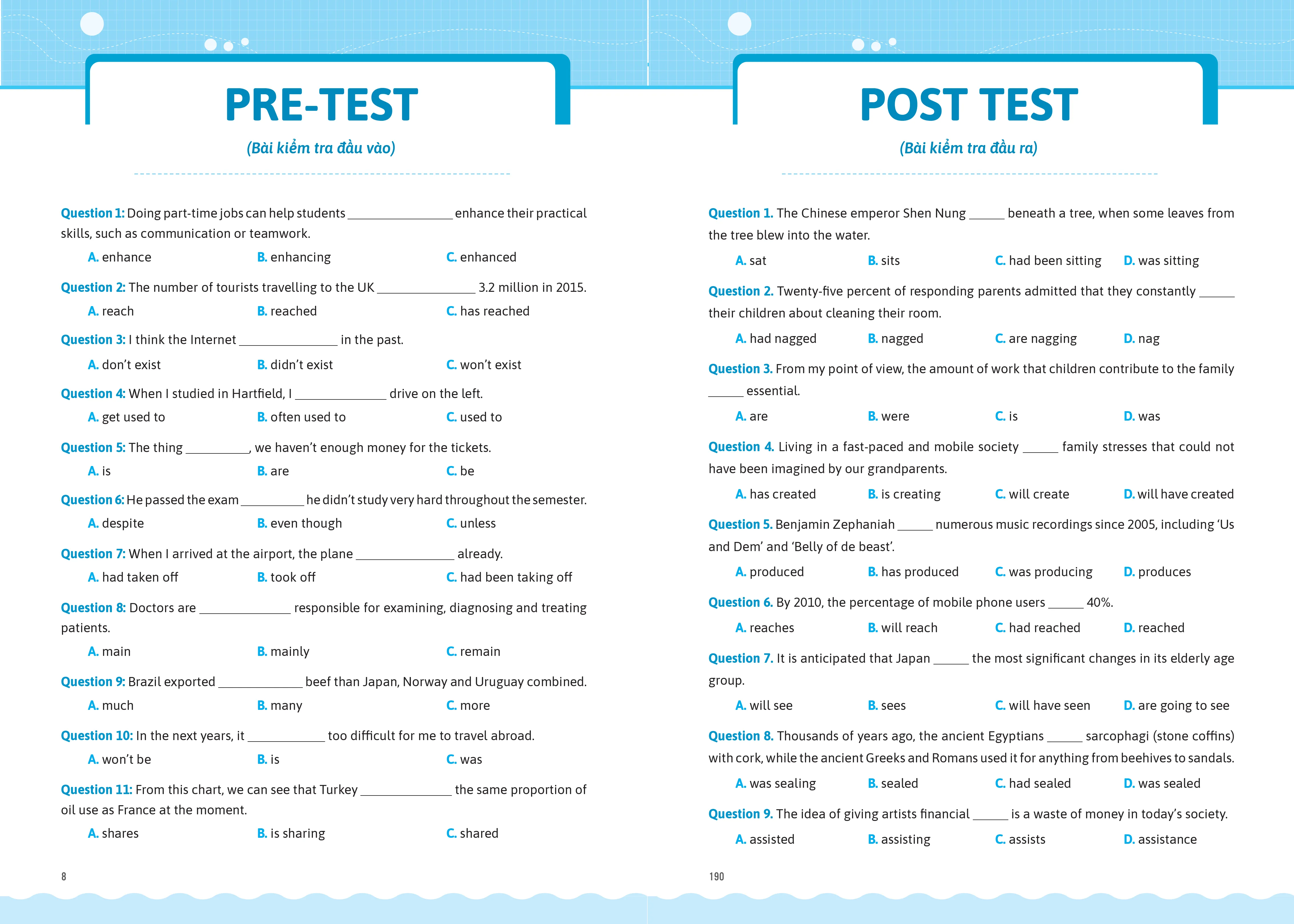 Ví dụ bài tập trắc nghiệm trong bài kiểm tra đầu vào sách IELTS Key Grammar
