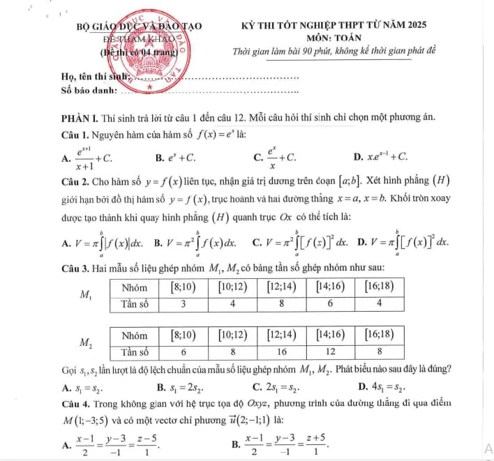 Trang 1 đề minh họa môn Toán kỳ thi tốt nghiệp THPT 2025 do Bộ GDĐT công bố