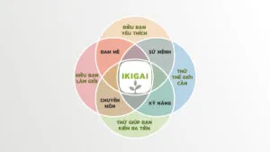 Sơ đồ hình tròn mô tả 4 yếu tố cấu thành Ikigai: Điều bạn yêu thích, Điều thế giới cần, Điều bạn được trả tiền để làm, Điều bạn giỏi.
