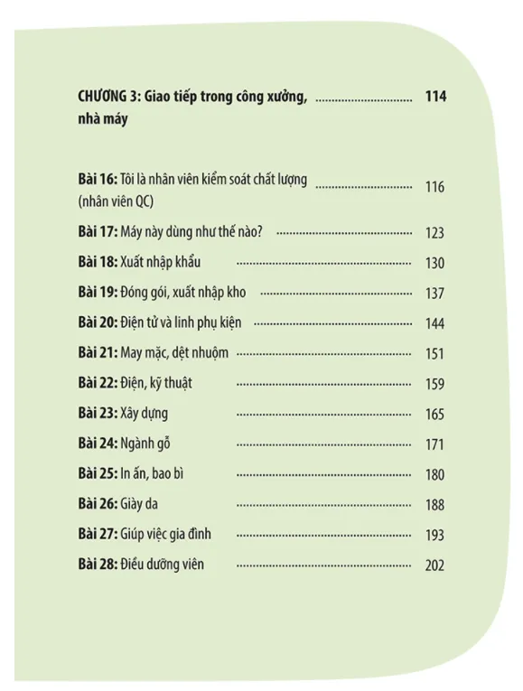 Mục lục phần 2 sách Tự học tiếng Trung cấp tốc trong công xưởng nhà máy PDF tập trung vào giao tiếp chuyên ngành nhà máy