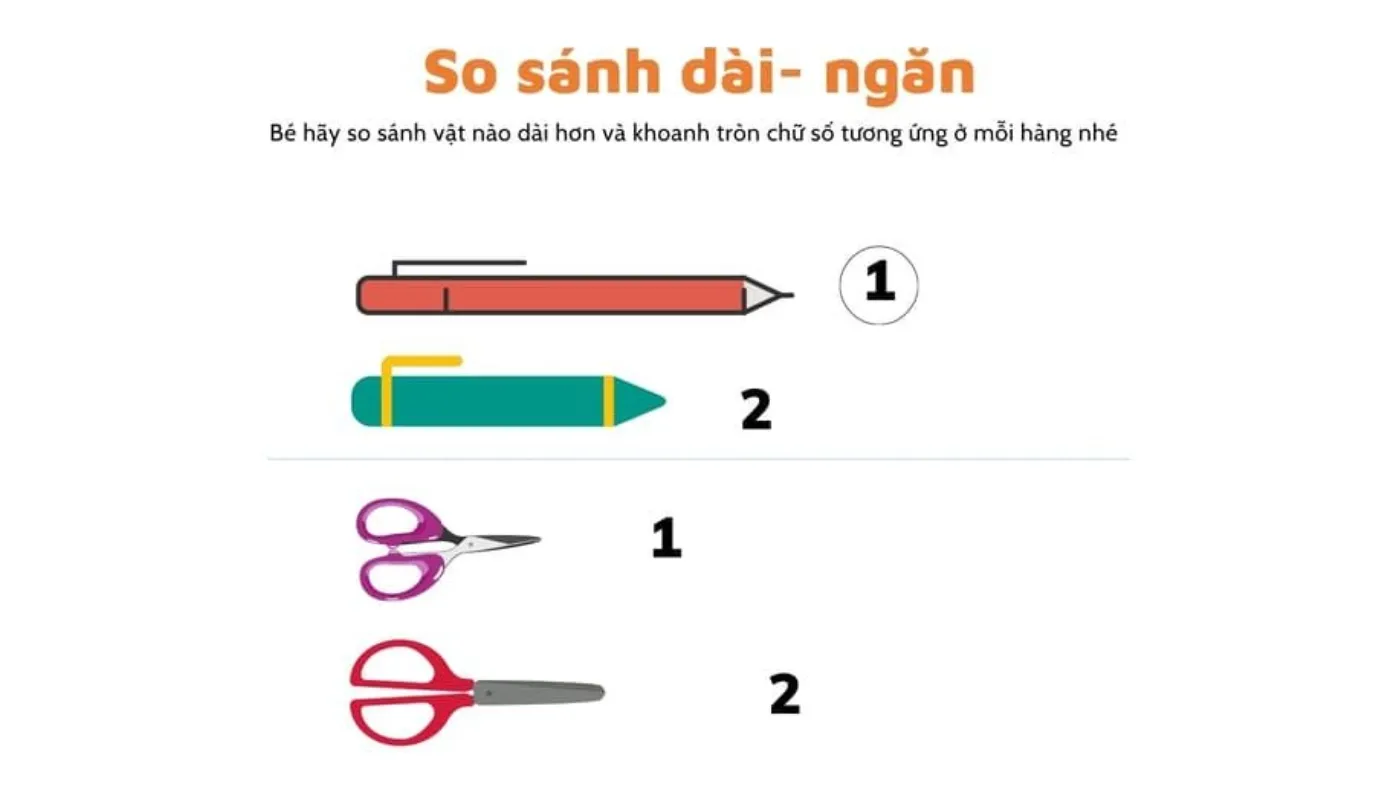 Bài tập so sánh kích thước, độ dài, màu sắc giúp trẻ rèn luyện kỹ năng phân loại và phân tích