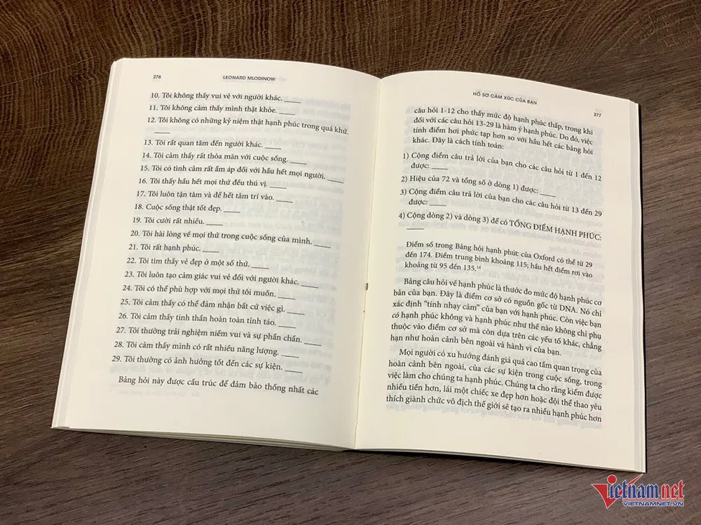 Minh họa bảng câu hỏi đánh giá mức độ hạnh phúc Oxford trong sách Cảm xúc của Mlodinow