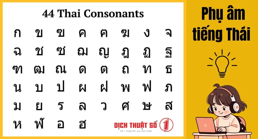 Bảng phụ âm tiếng Thái với phiên âm chuẩn dễ học qua PDF