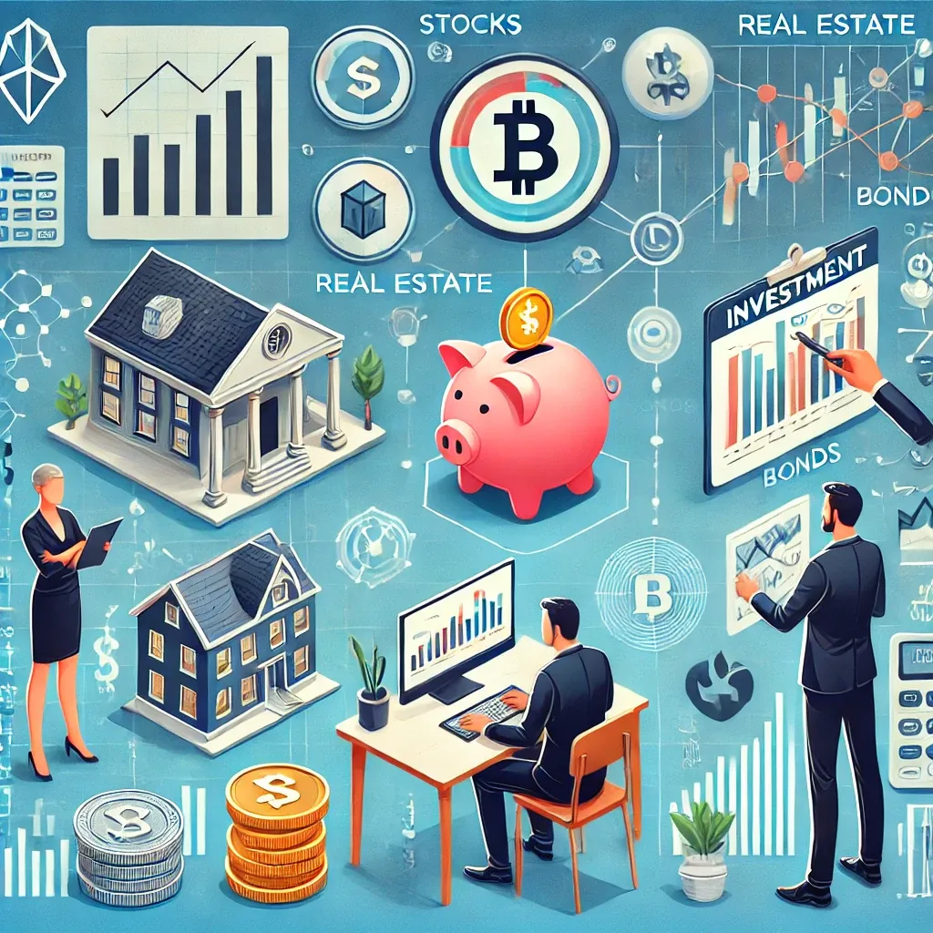 Hình minh họa các lựa chọn đầu tư tài chính đa dạng như cổ phiếu, bất động sản và quỹ đầu tư
