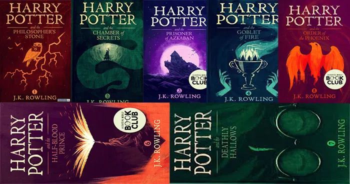 Bộ truyện Harry Potter bản tiếng Anh xếp cạnh nhau - tài liệu học tiếng Anh hiệu quả