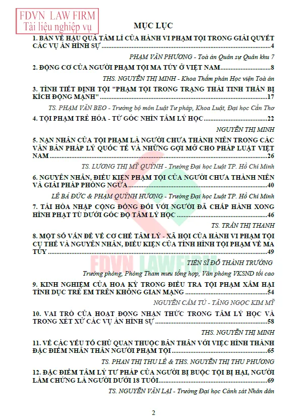 Trang bìa tài liệu tổng hợp 14 bài báo pháp lý phân tích về tâm lý tội phạm pdf do FDVN biên soạn