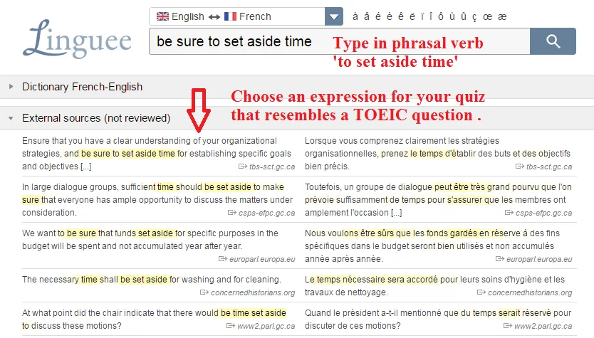Hình ảnh minh họa cách sử dụng trang web Linguee để tìm các câu ví dụ trong ngữ cảnh kinh doanh sử dụng cụm động từ, phục vụ việc ra đề kiểm tra TOEIC hiệu quả.