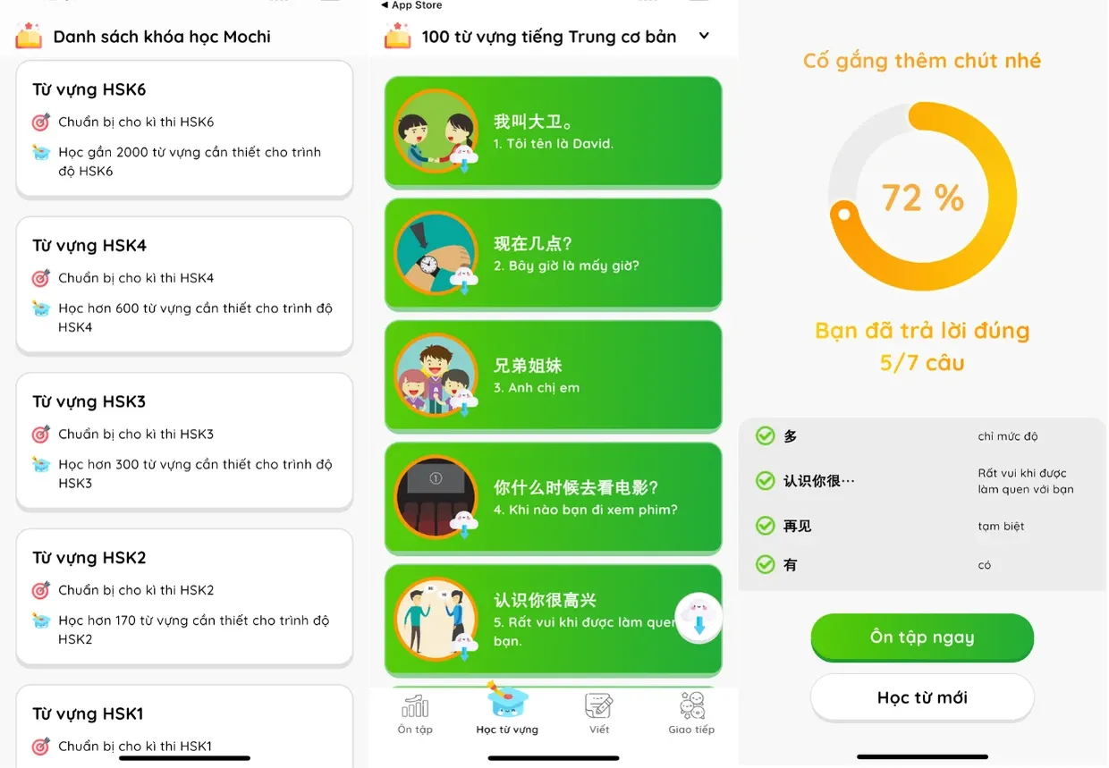 Giao diện ứng dụng Mochi Chinese học từ vựng HSK 1 hiệu quả