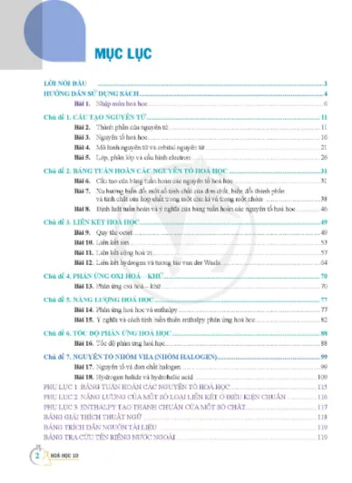 Trang mục lục chi tiết của sách Hóa 10 PDF Cánh Diều