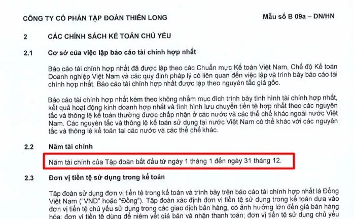 Ví dụ về phần trình bày kỳ kế toán và chính sách kế toán áp dụng trong thuyết minh báo cáo tài chính