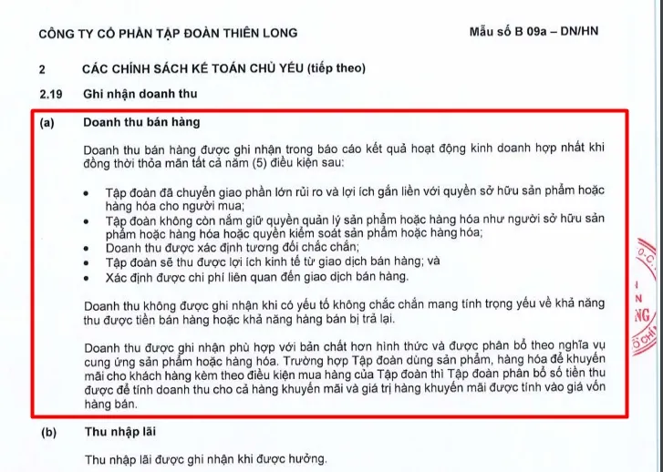 Ví dụ về thuyết minh chi tiết cách thức ghi nhận doanh thu bán hàng trong báo cáo tài chính
