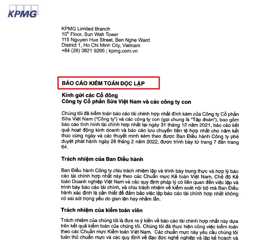 Hình ảnh một trang trong Báo cáo kiểm toán độc lập năm 2021 của CTCP Sữa Việt Nam (Vinamilk - Mã: VNM)