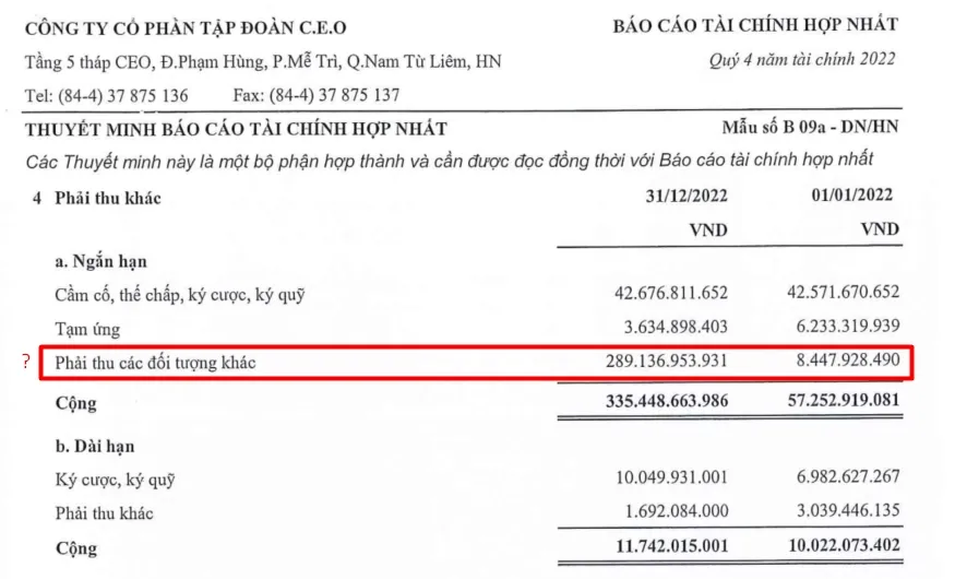 Thuyết minh báo cáo tài chính của CEO không giải thích rõ đối tượng của khoản phải thu khác gần 300 tỷ