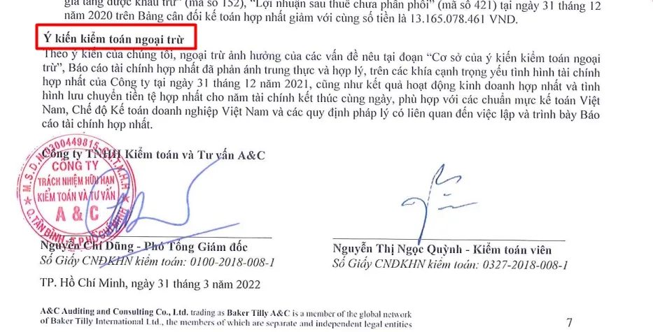 Ví dụ về ý kiến kiểm toán ngoại trừ đối với báo cáo tài chính năm 2021 của PTL