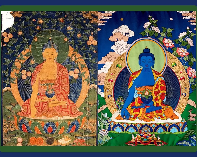 Ảnh phác hoạ Phật Dược Sư tay trái cầm bình thuốc chữa bệnh, tay phải kết ấn thí nguyện