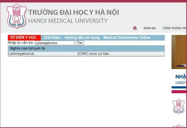 Giao diện website từ điển y khoa Anh Việt của Đại học Y Hà Nội
