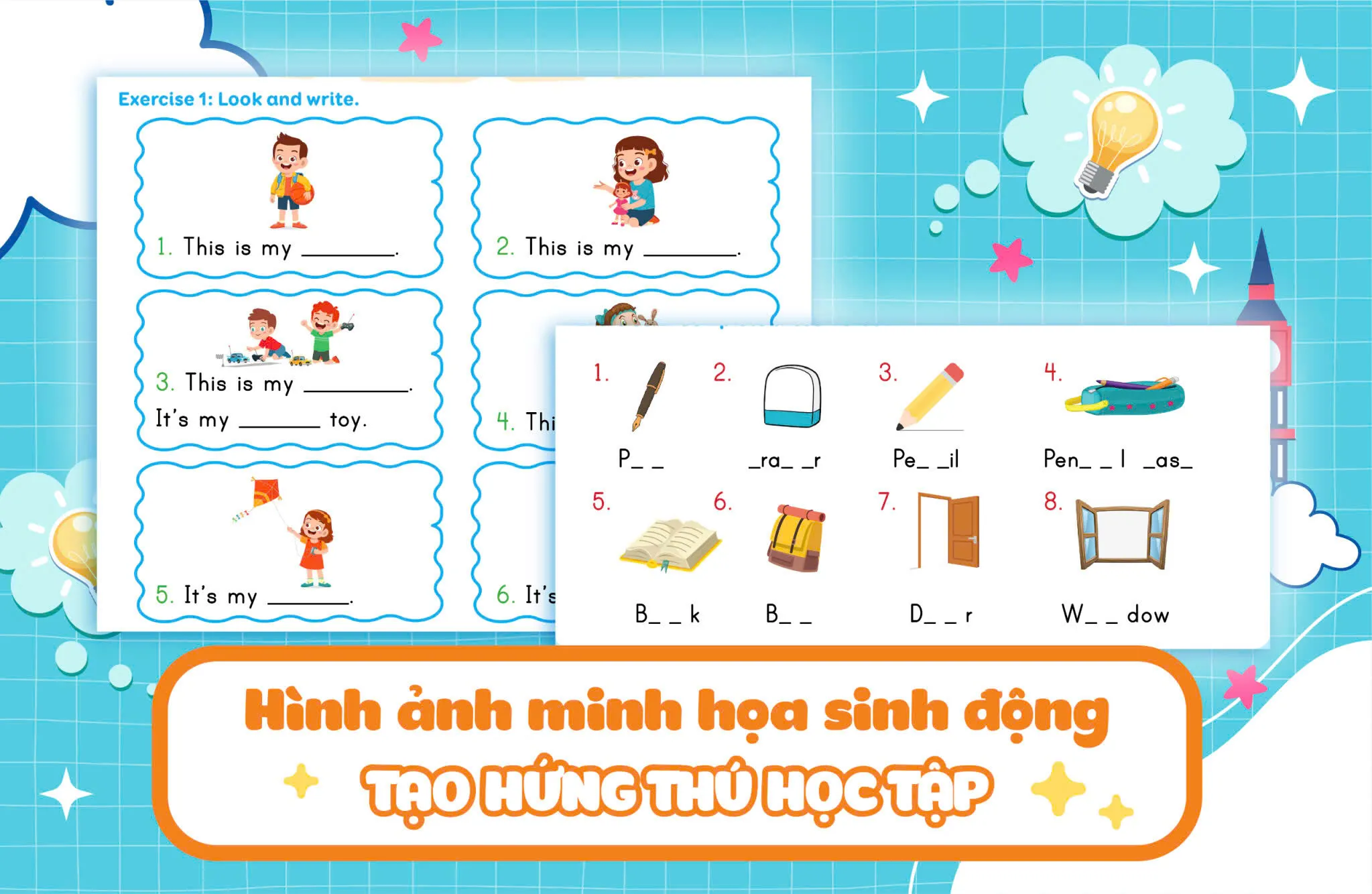 Phần luyện tập và ghi nhớ từ vựng tiếng Anh kèm hình ảnh trong tài liệu Family and Friends National Edition 1 PDF.