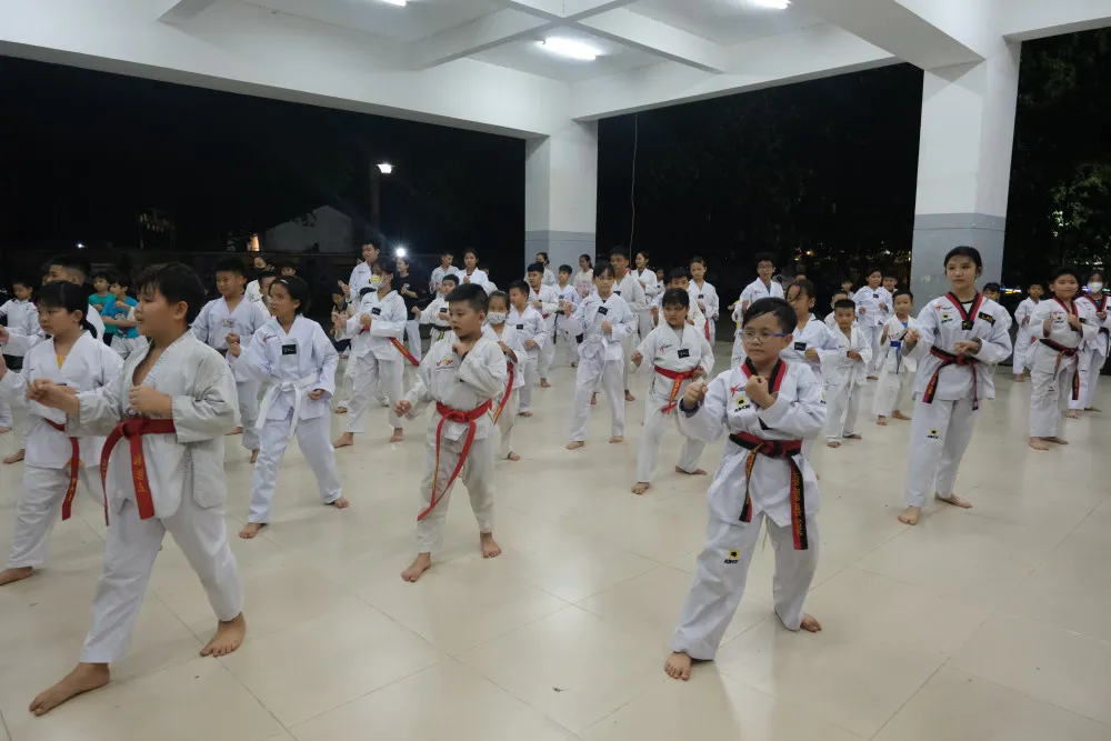 Học sinh hào hứng luyện tập võ thuật trong lớp học hè, hình ảnh minh họa cho việc rèn luyện thể chất được khuyến khích trong tài liệu Tổ tuổi thơ và nụ cười (PDF).