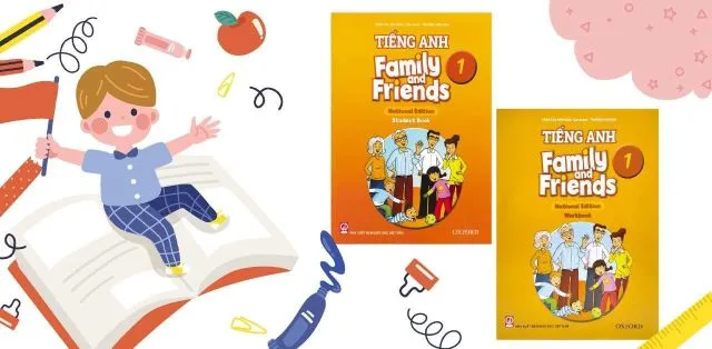 Bìa sách bài tập tiếng Anh Family and Friends 1 PDF với các nhân vật hoạt hình, kích thích hứng thú học mà chơi cho trẻ