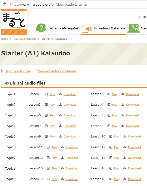 Giao diện trang tải tài liệu nghe Marugoto Starter A1 Katsudoo