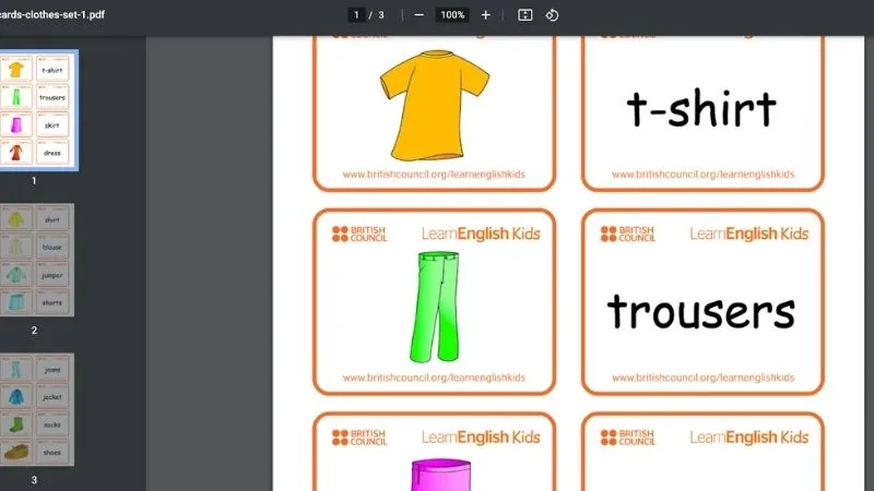 Minh họa các bộ flash card tiếng Anh PDF đa dạng chủ đề cho bé học từ vựng
